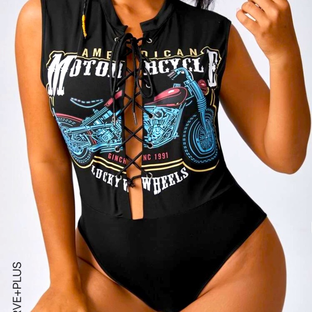 SHEIN black moto graphic lace up bodysuit